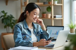 Jeune femme au bureau à domicile utilisant son smartphone