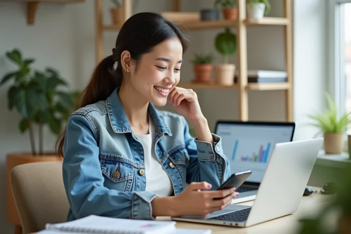 Jeune femme au bureau à domicile utilisant son smartphone