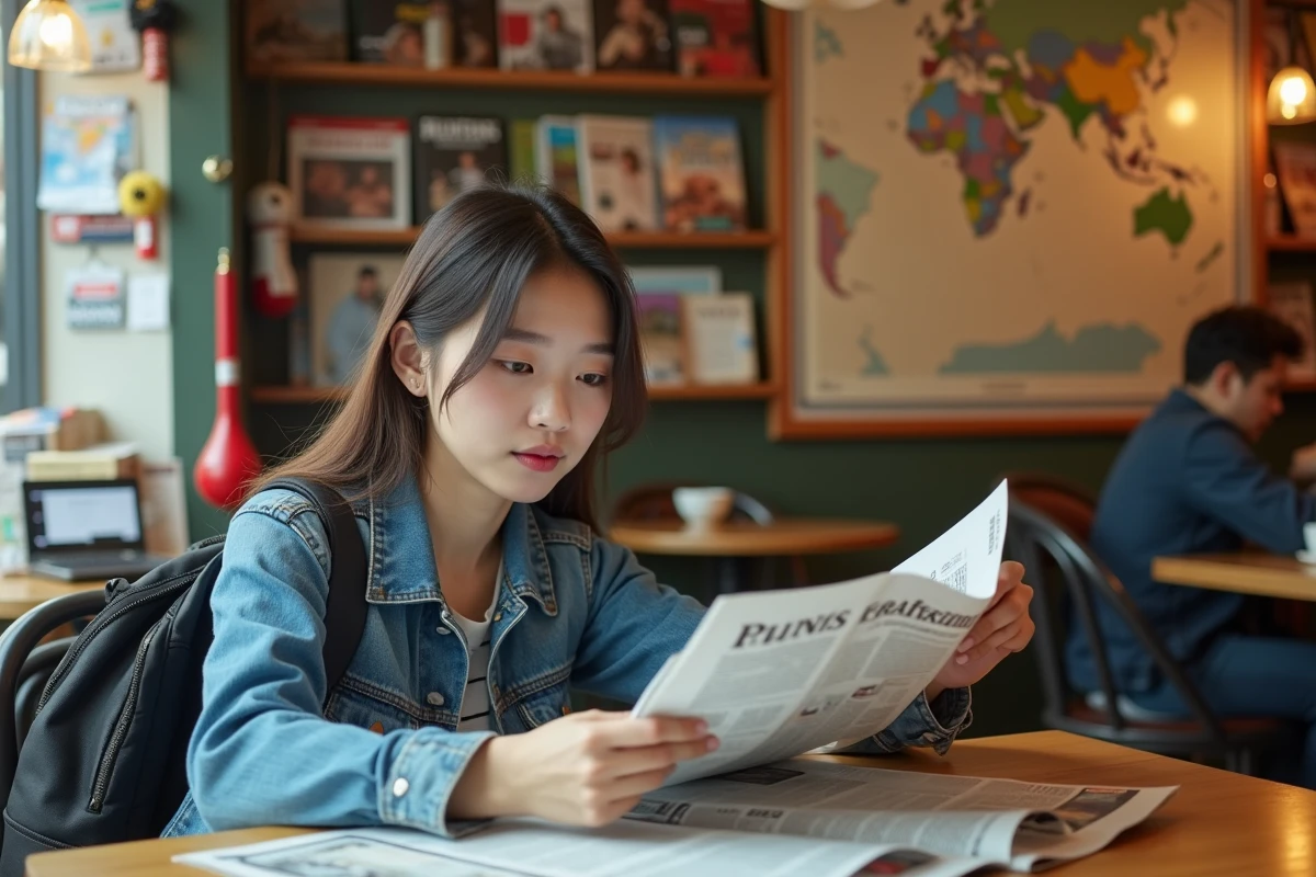 Jeune femme asiatique lisant journal dans café coloré