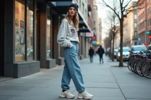 Jeune femme mode urbaine en denim et sweat cropé