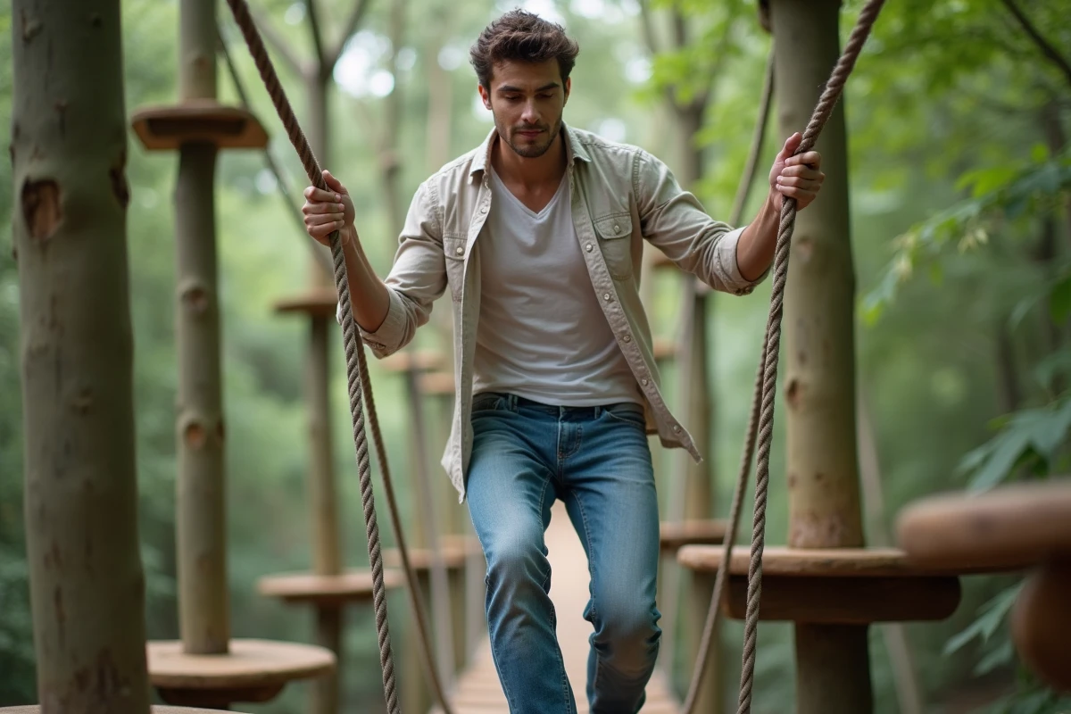 Jeune homme en jeans sur un parcours d