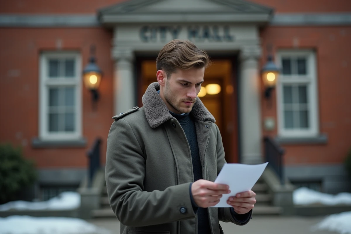 Jeune homme dehors devant la mairie lit une lettre de soulagement