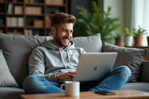Jeune homme regardant un match de football sur son ordinateur