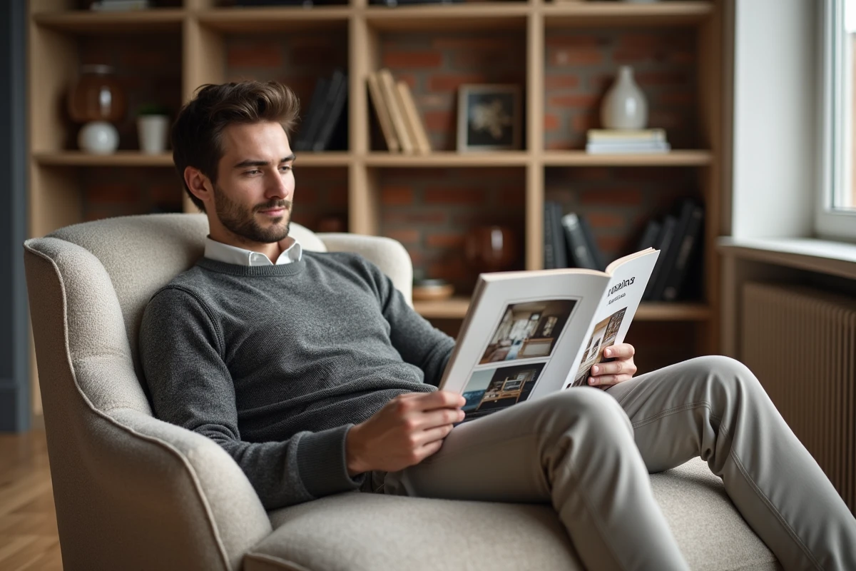 Jeune homme lisant un magazine dans un loft moderne et spacieux
