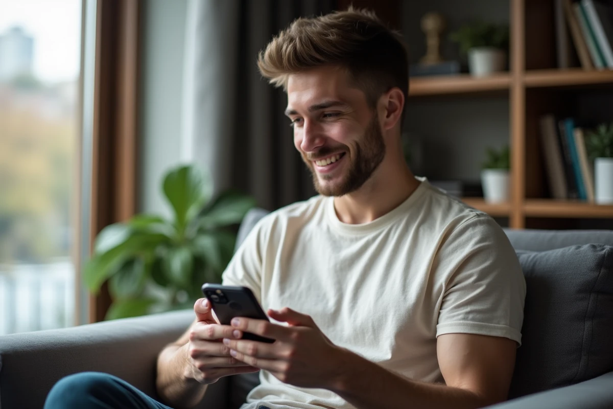 Jeune homme regardant un article sur son smartphone