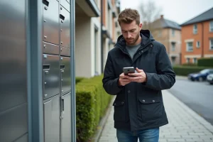 Jeune homme vérifiant son smartphone près d'un parcel locker