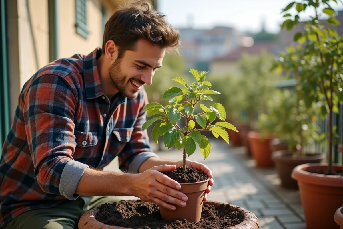 Jeune homme transplantant un mirabellier sur balcon