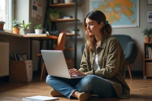 Jeune femme journaliste en intérieur dans un bureau à domicile