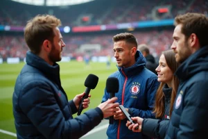 Journalistes de football interviewant un joueur sur le terrain