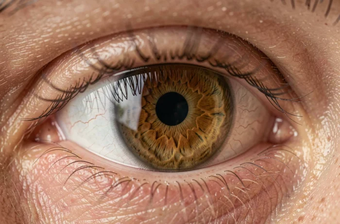 Macro photograph of a human hazel eye revealing the fascinating shades of amber, green, and brown characteristic of this rare eye color