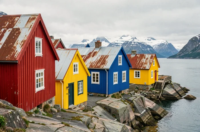 Maisons colorées traditionnelles du Groenland sur fond de fjord et montagnes enneigées