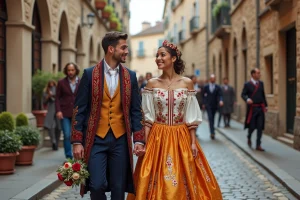 Jeune couple romani en tenue traditionnelle lors de leur mariage en ville