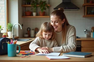 Mère et enfant de 3 ans préparant la rentrée scolaire ensemble à la maison avec des fournitures scolaires