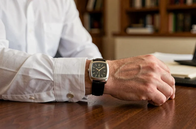 Montre carrée homme en acier brossé avec bracelet cuir noir portée avec une chemise blanche sur un bureau en bois sombre