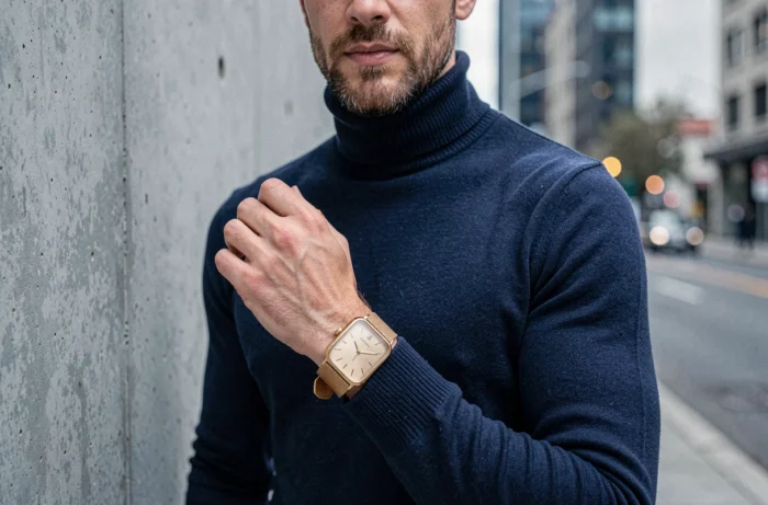 Man in a navy turtleneck wearing a vintage square watch with a champagne dial and Milanese mesh strap in the city