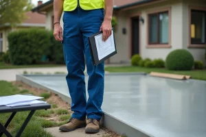 Homme en tenue de chantier avec dossier devant une dalle de béton