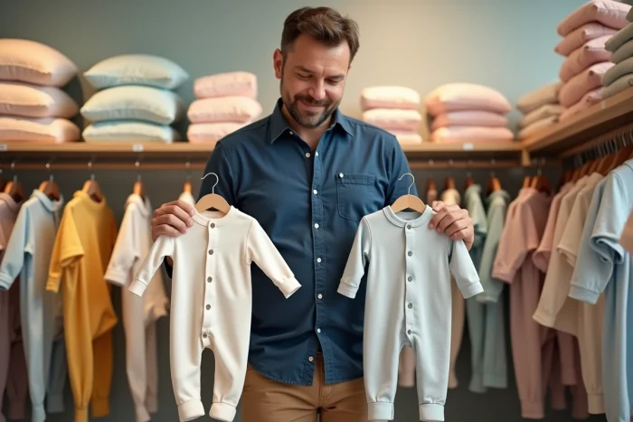 Papa comparant deux tailles de pyjamas bébé dans un magasin de vêtements pour nourrissons