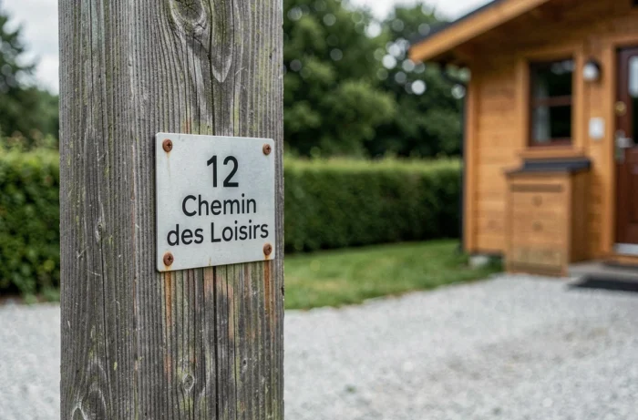 Plaque de numéro de rue et boîte aux lettres installées sur un terrain de loisir non constructible pour officialiser une adresse postale
