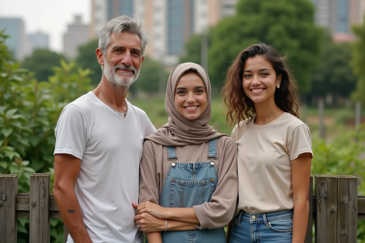 Trois personnes avec peau variée dans un jardin urbain