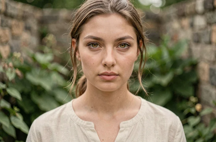Portrait en gros plan d'une jeune femme aux yeux hazel remarquables avec des reflets ambrés et verts, photographiée en extérieur dans un jardin verdoyant