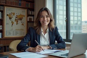 Psychologue femme en bureau élégant avec livres et cartes