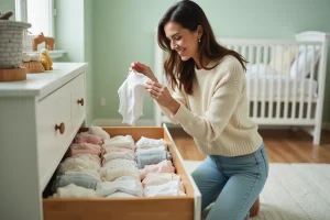 Jeune maman qui trie des vêtements bébé classés par taille dans un tiroir en bois dans une chambre de bébé cosy