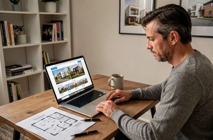 Homme recherchant un logement neuf sur internet avec des plans immobiliers posés sur son bureau