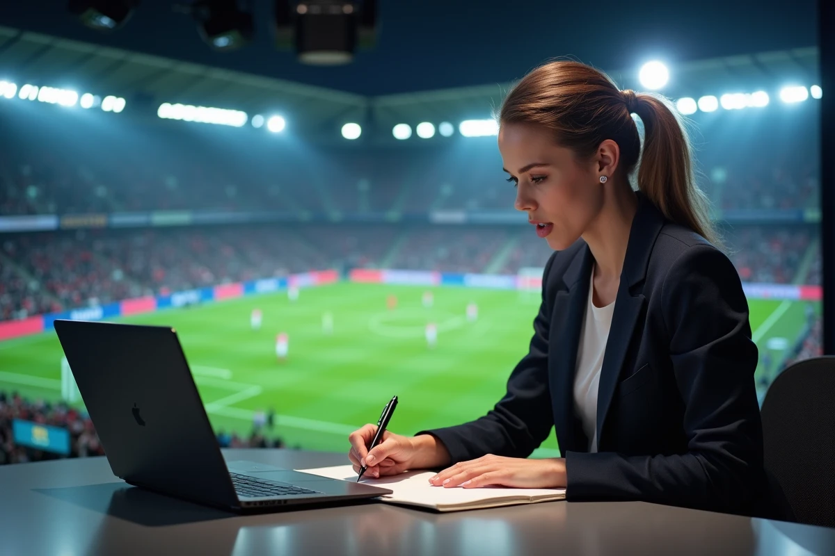 Reportrice de football analysant des images en newsroom