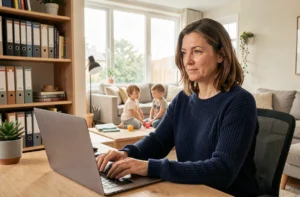 Femme responsable de secteur en télétravail lors d'un appel vidéo professionnel avec ses enfants en arrière-plan dans un espace maison chaleureux