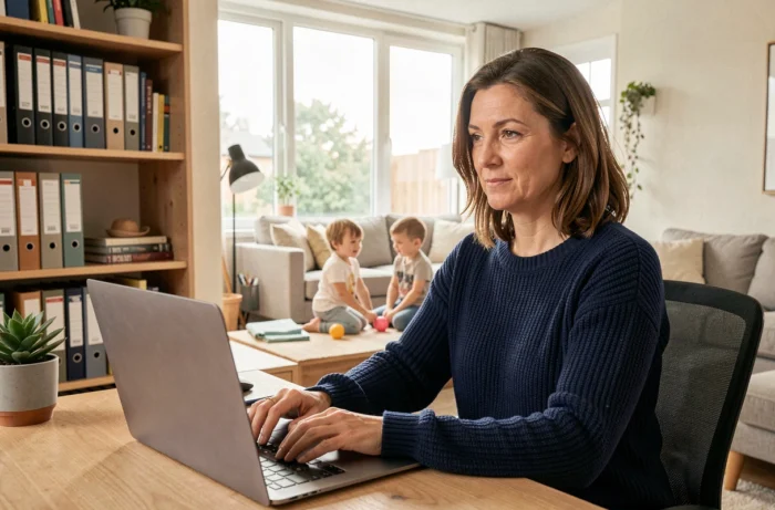 Femme responsable de secteur en télétravail lors d'un appel vidéo professionnel avec ses enfants en arrière-plan dans un espace maison chaleureux