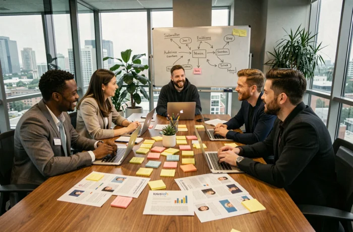 Marketing team in a brainstorming meeting around a table with persona sheets and notes to develop a bee to see strategy