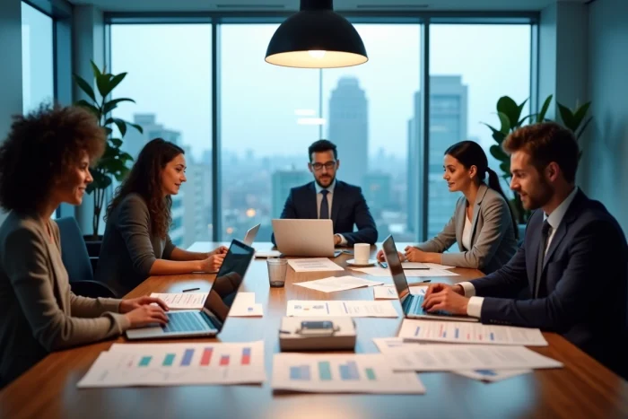 Équipe de professionnels en réunion stratégique autour d'une table de conférence avec des rapports et des graphiques