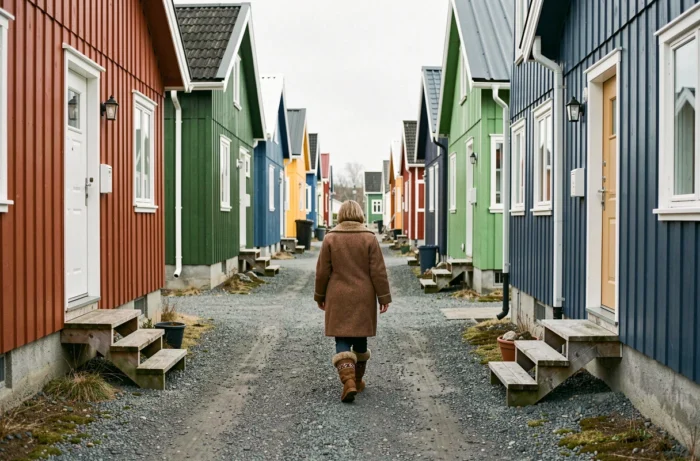 Malerische Gasse in Nuuk mit bunten Häusern und einer einheimischen Bewohnerin in traditioneller Kleidung