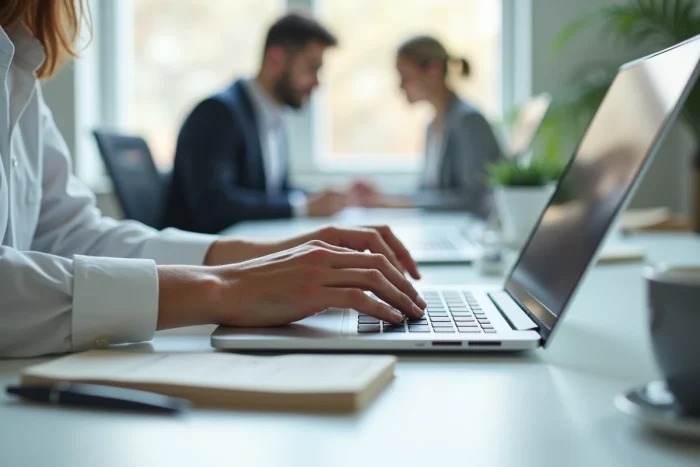 Mains d'un professionnel saisissant ses identifiants de connexion sur un ordinateur portable dans un bureau moderne