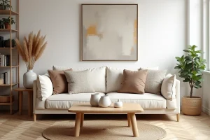 Salon scandinave moderne avec canapé en lin crème, table basse en chêne brut et plantes d'intérieur pour une décoration épurée et chaleureuse