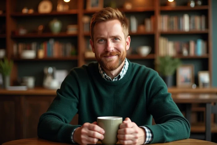 Homme détendu dans un café chaleureux d'Édimbourg tenant une tasse, évoquant la vie intime et personnelle de Sam Heughan