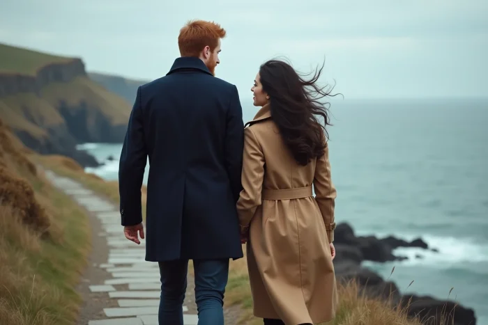Couple se promenant sur un sentier côtier écossais, symbolisant les rumeurs amoureuses entourant Sam Heughan