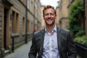 Homme élégant aux cheveux auburn souriant dans une rue pavée d'Édimbourg, illustrant la vie personnelle de Sam Heughan
