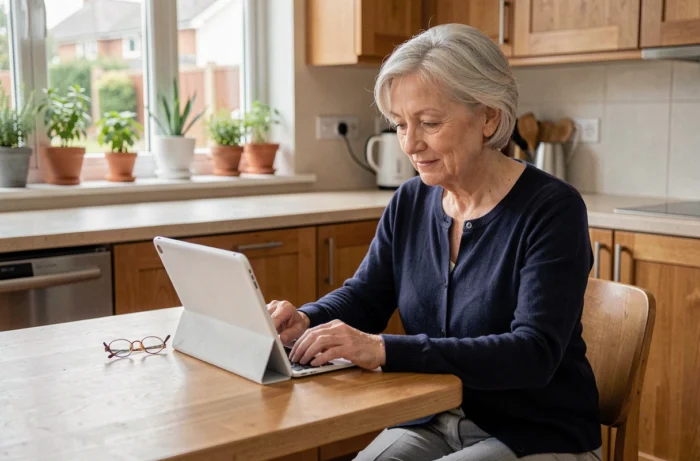 Senior femme âgée utilisant une tablette de bien-être connectée pour préserver son autonomie à domicile en 2026