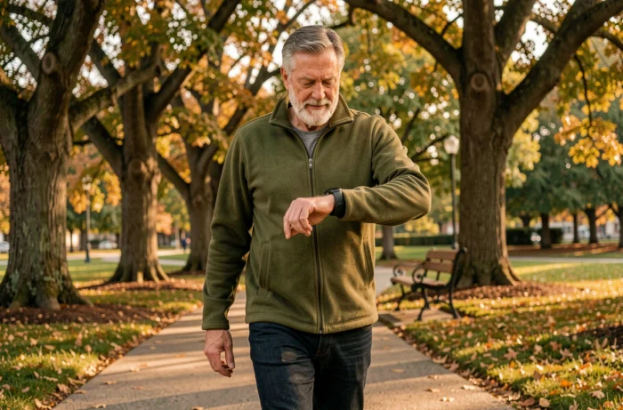 Senior homme actif portant un bracelet connecté de santé en promenade dans un parc pour maintenir son autonomie