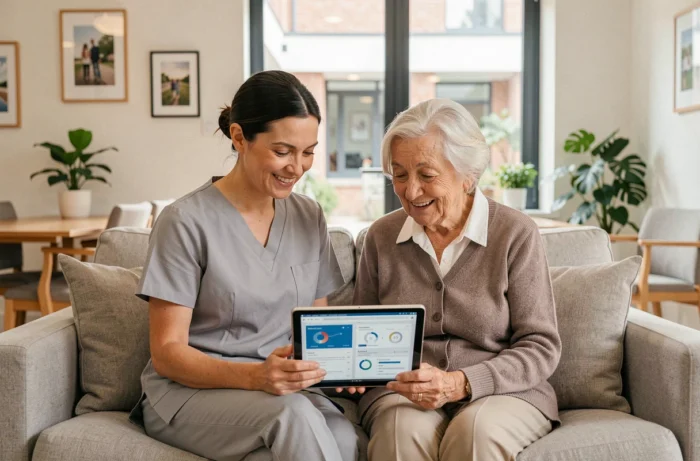 Professionnelle de santé accompagnant une personne âgée dans l'utilisation d'un outil numérique de suivi du bien-être en résidence senior