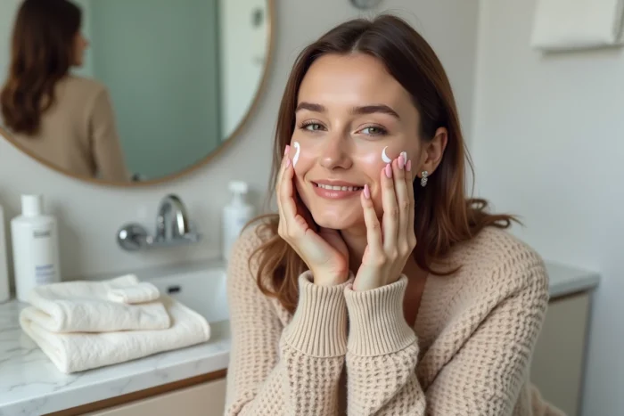 Jeune femme appliquant une creme visage dans sa salle de bain