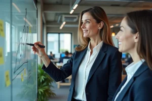Dirigeante d'entreprise présentant une stratégie de croissance sur un tableau blanc dans un bureau moderne