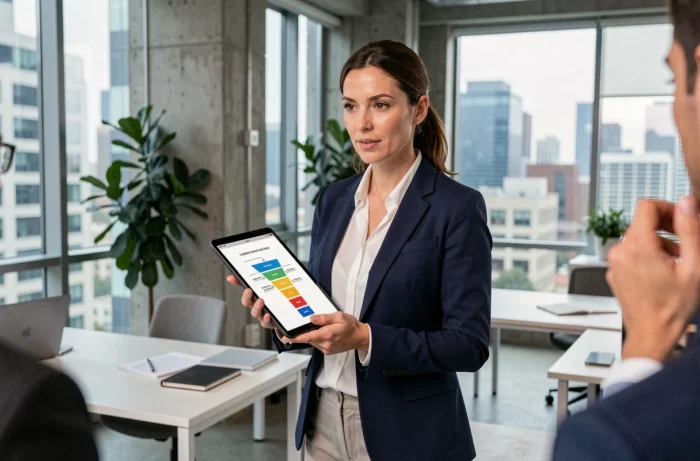 Professionnelle du marketing présentant une stratégie bee to see sur une tablette dans un bureau moderne et collaboratif