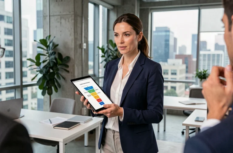 Professionnelle du marketing présentant une stratégie bee to see sur une tablette dans un bureau moderne et collaboratif