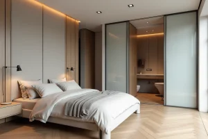 Suite parentale de 15m2 aménagée avec dressing intégré, tête de lit en lin et parquet en chevron