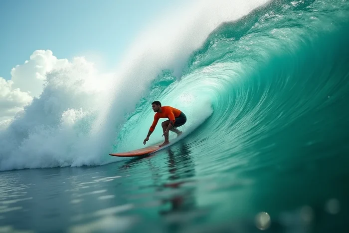 Surfeur en combinaison orange dans le tube d'une grande vague lors d'une session de surf extrême