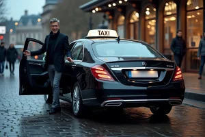 Chauffeur de taxi en blazer sombre ouvrant la portière d'une berline noire devant une gare urbaine animée