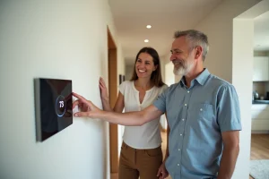 Couple souriant avec thermostat intelligent dans un intérieur moderne