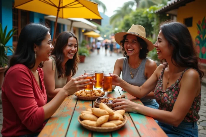 Groupe d'amis portant un toast avec de l'aguardiente colombien lors d'une fête de marché traditionnel